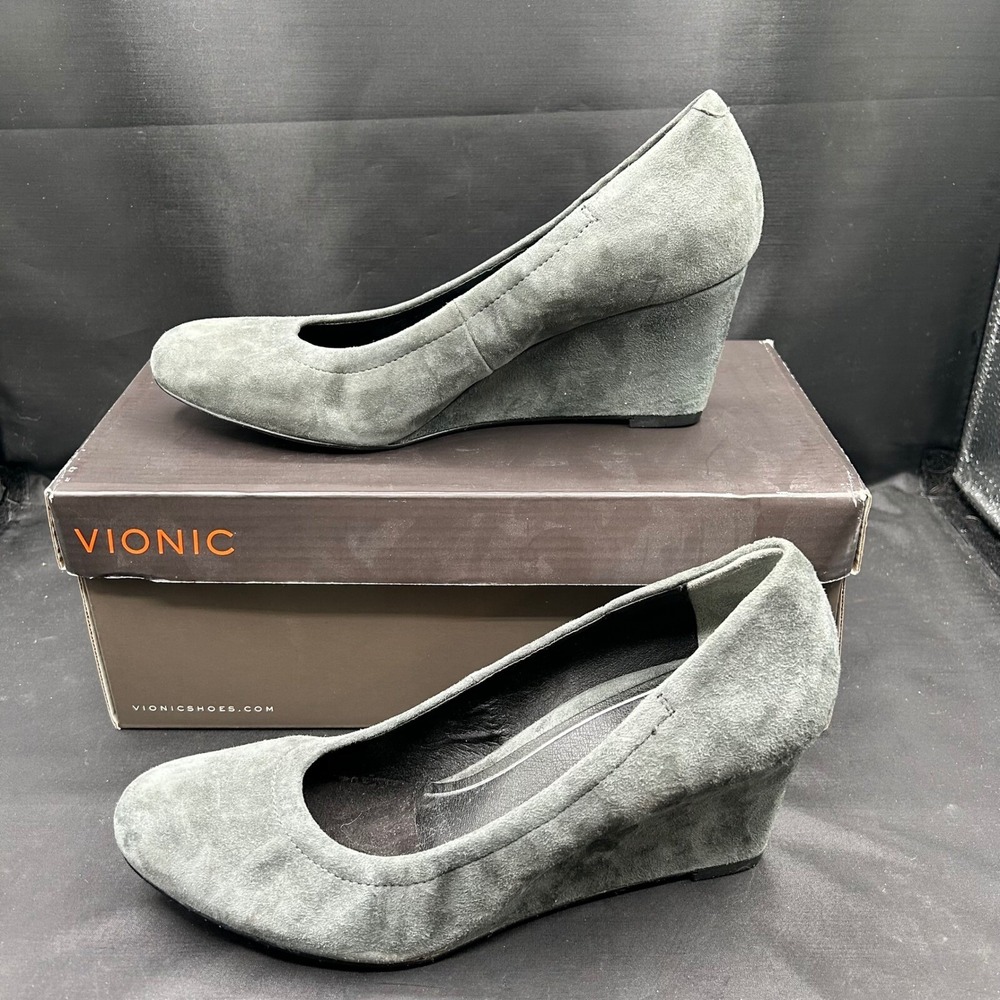 Vionic Lux Camden Wedge Heel Pumps Comfortable Dark‎ Gray Suede Size 8